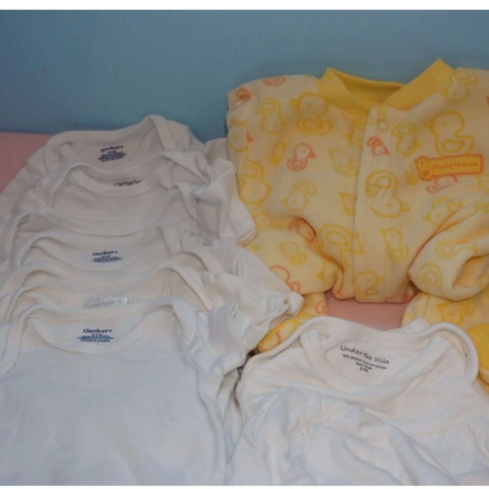 7 white baby bodysuits, 1 gown, 1 sleeper - gender-neutral baby clothes